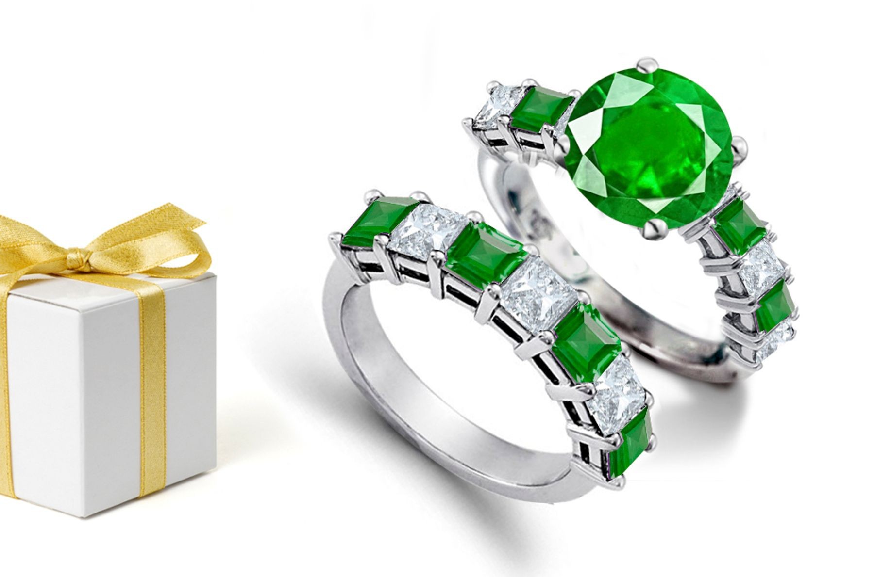 Are Strictly Retailer: Eye-Catching Set Features Smooth & Round Emerald & Princess Cut Diamond Ring & Also A Nine Stone Square Emerald & Diamond Band Free Appraisal