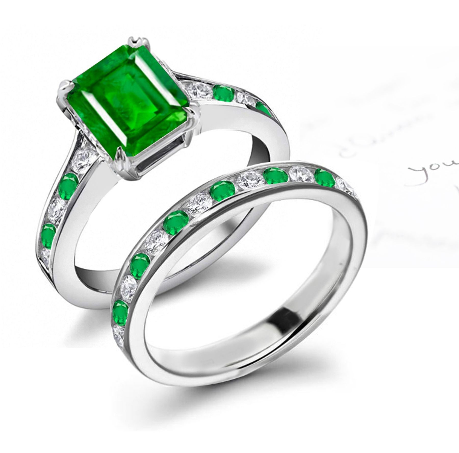 Beauty of Green Stones: "Vibrant" Emerald Cut Emerald & Round Diamond Accent Ring & Eternity Band