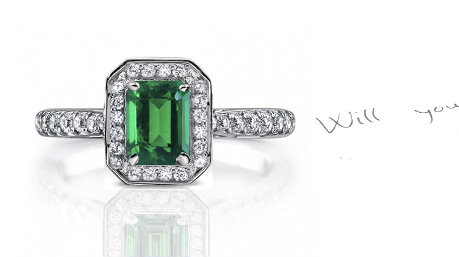 Rich-Color & Sparkling Green Hue Genuine Emerald Cut Emerald & Diamond Devine Halo Ring