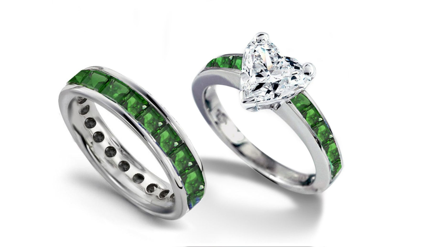 Marriage & Love: Heart Diamond & Square Emerald Ring & Band in Goldl