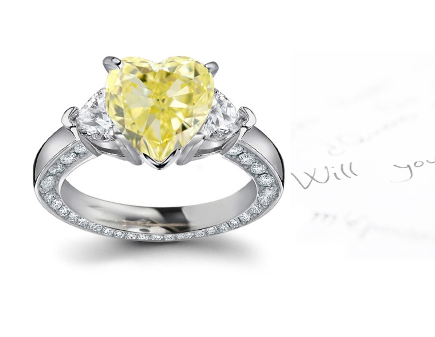 Center Heart Canary Diamond & Heart White Diamond Accents Engagement Ring in Platinum or Yellow Gold