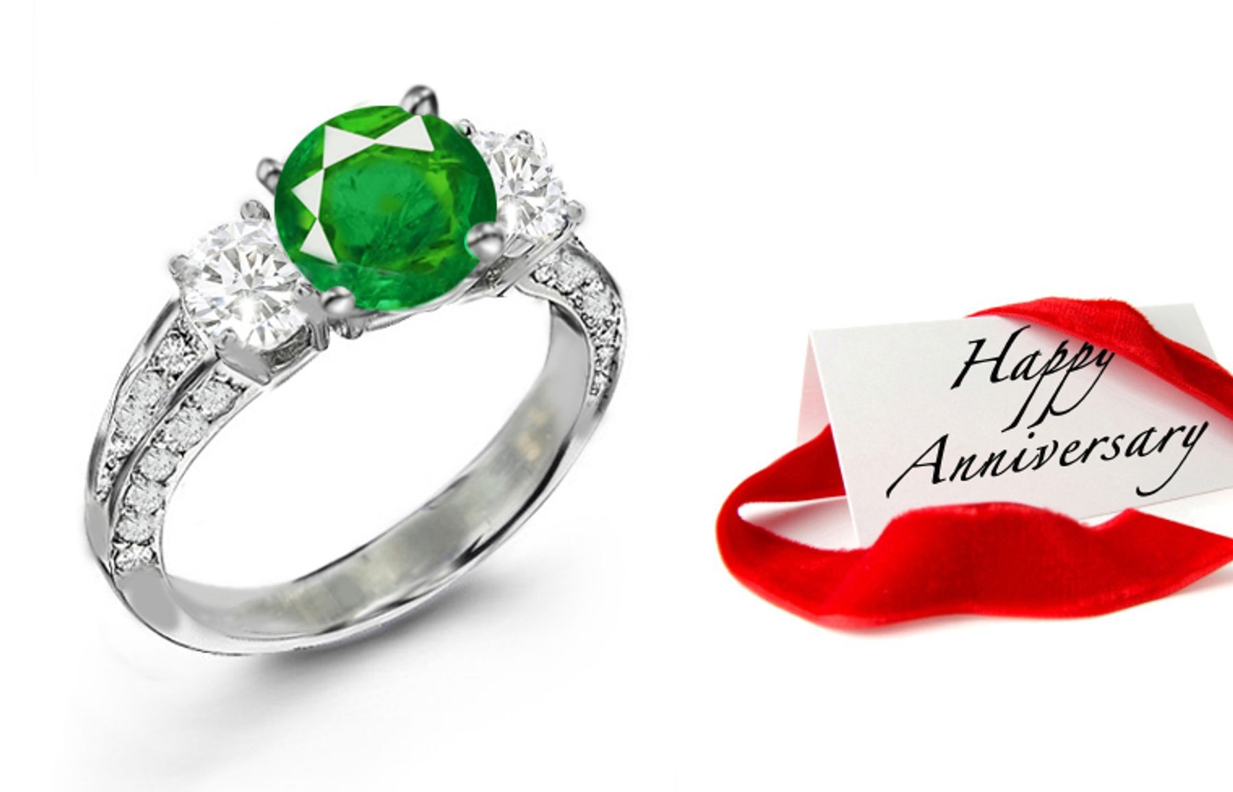 Three-stone Diamond Rings: Three-stone Half Hoop Ring Featuring Brilliant-Cut Round Diamonds & Richly Cut Emerald