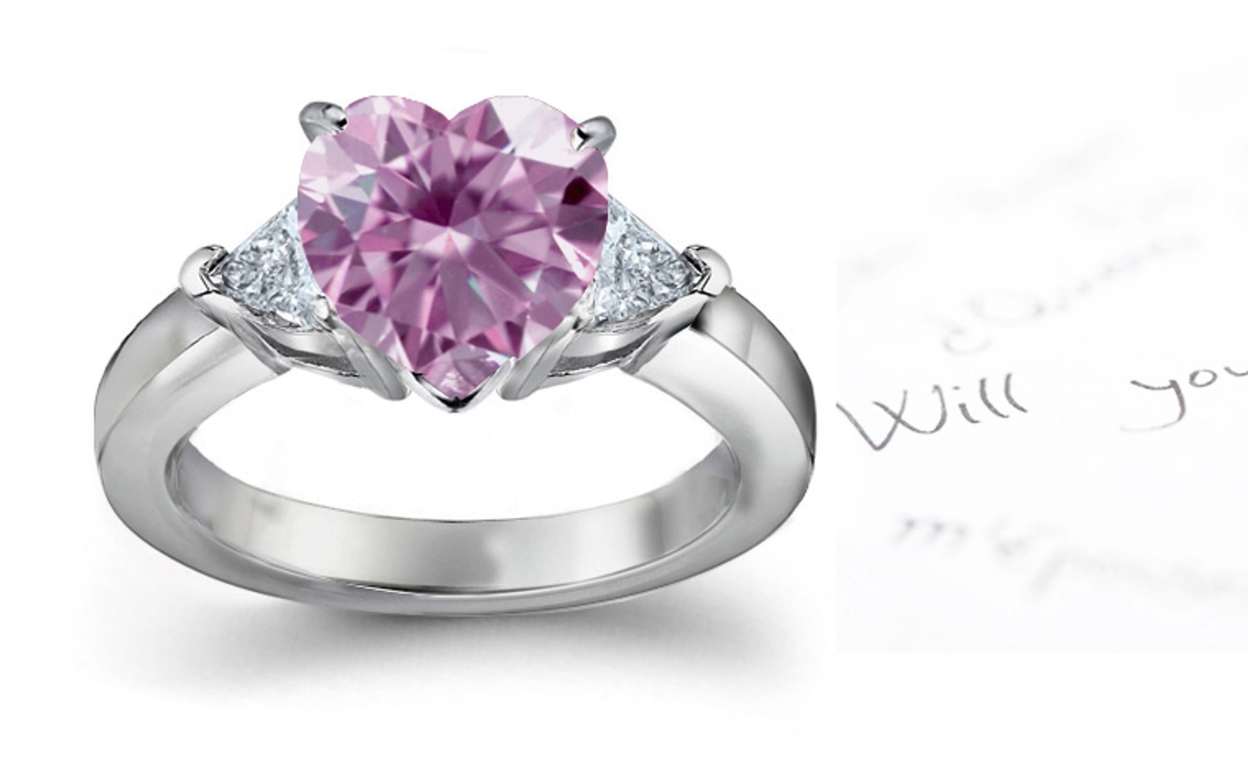 Center Heart Purple Diamond & Triangular White Diamond Engagement Ring in 18 Karat White Gold