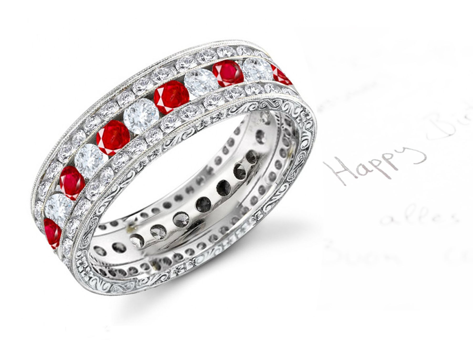 Channel Set Diamond & Ruby Band Bordered 2 Rows of Diamonds & Diamond Halo