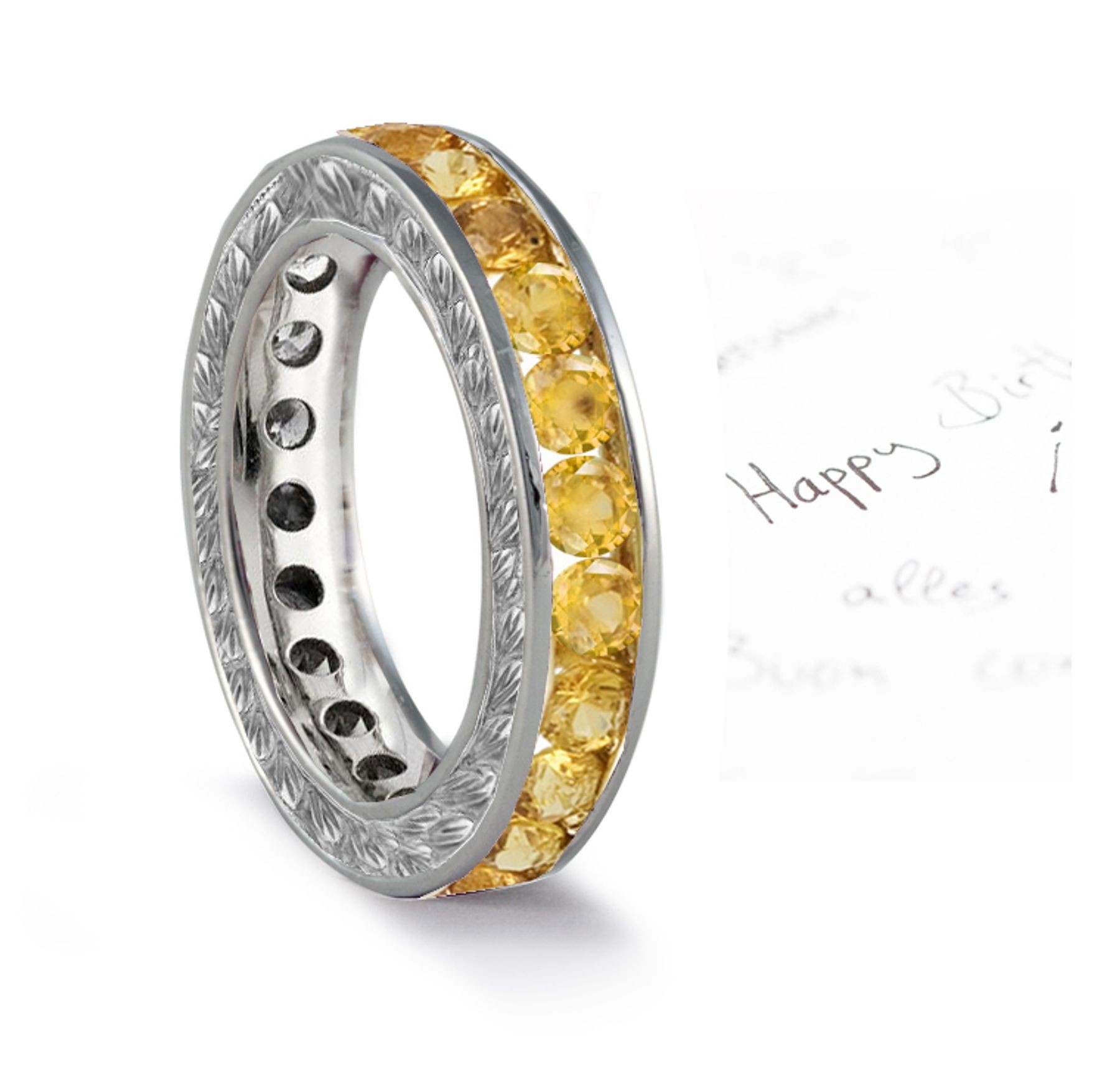 Astonishing Array of Yellow Sapphire Engraved Wedding Bands