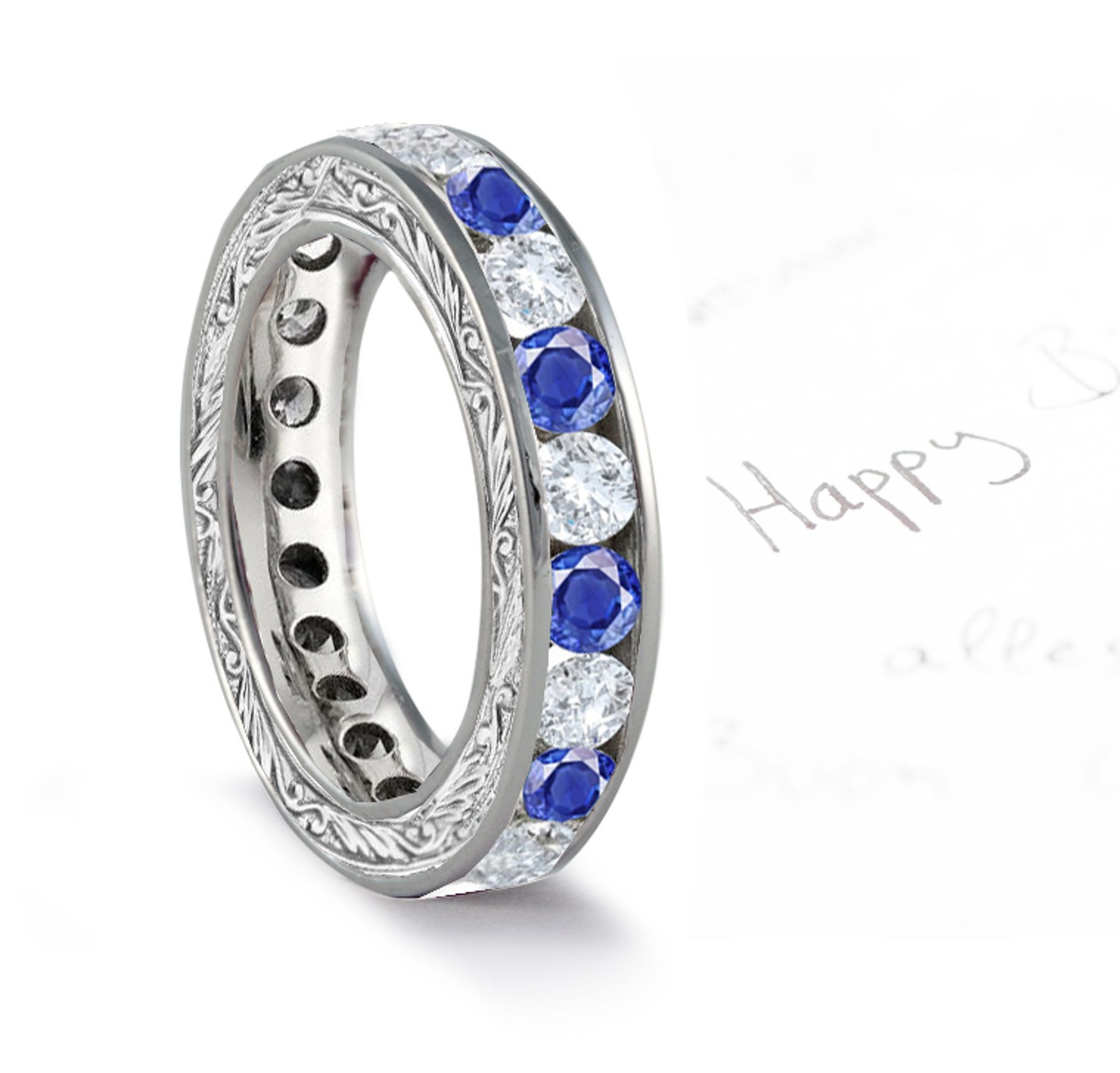 Blue Sapphire & Diamond Antique Foliate Scrolls & Motifs Gold Band