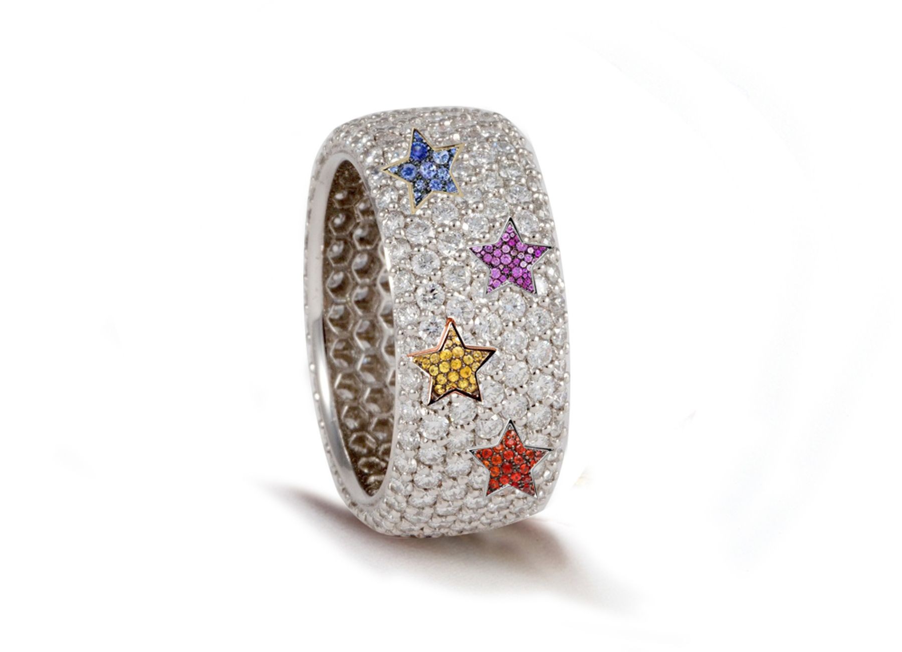 High Quality French pavee Multi-Colored Sapphire & Brilliant-Cut Round Diamond Moon & Stars Eternity Rings & Bands