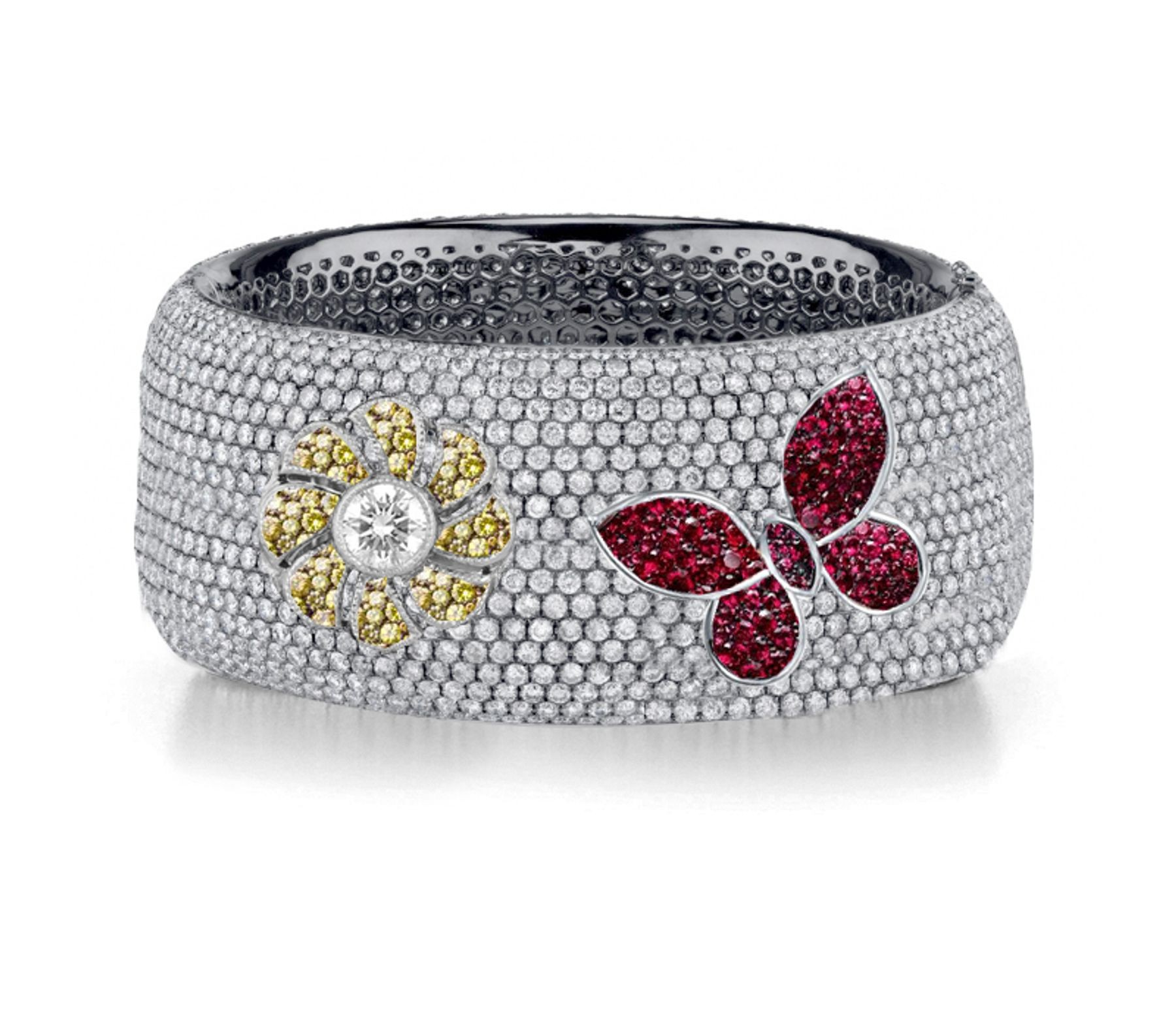 Delicate French pavee Sparkling Brilliant-Cut Round Diamonds & Vivid Multi-Colored Precious Stones Eternity Rings & Bands Featuring Vintage Flowers & Butterflies