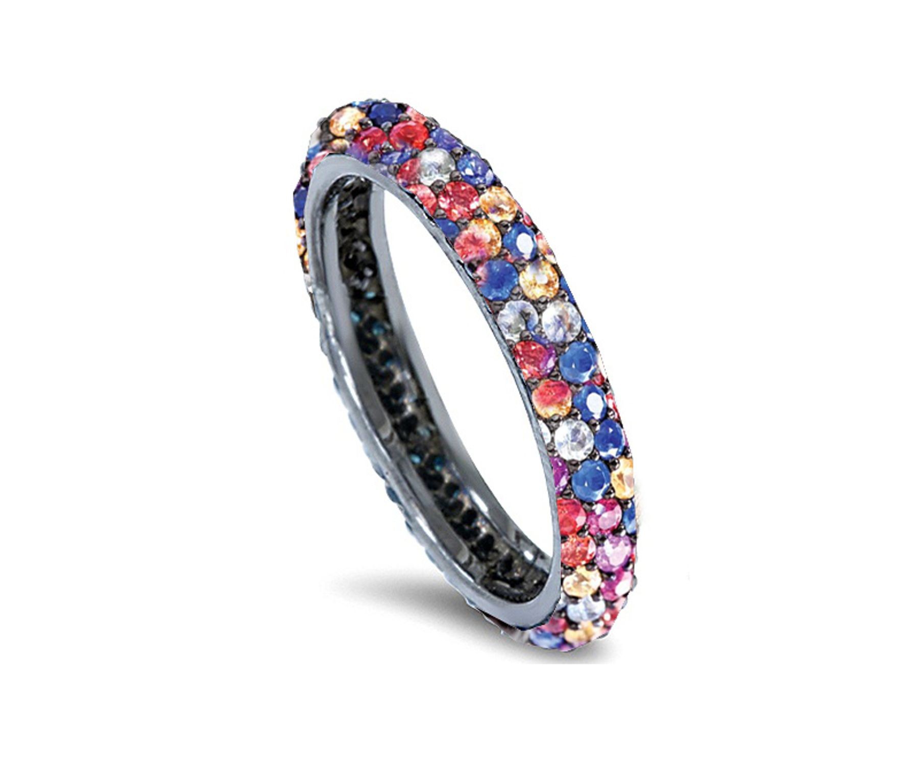 Delicate Women's Eternity Rings Featuring Multi-Colored Diamonds and Gemstones in Halo Precision Micro pave Settings