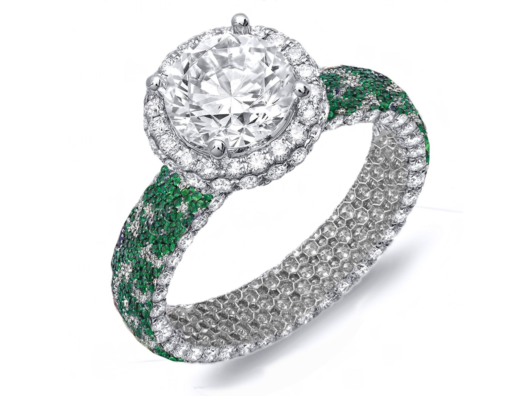 Made To Order Rings With French Pave Halo Brilliant Cut Round Diamonds & Emeralds