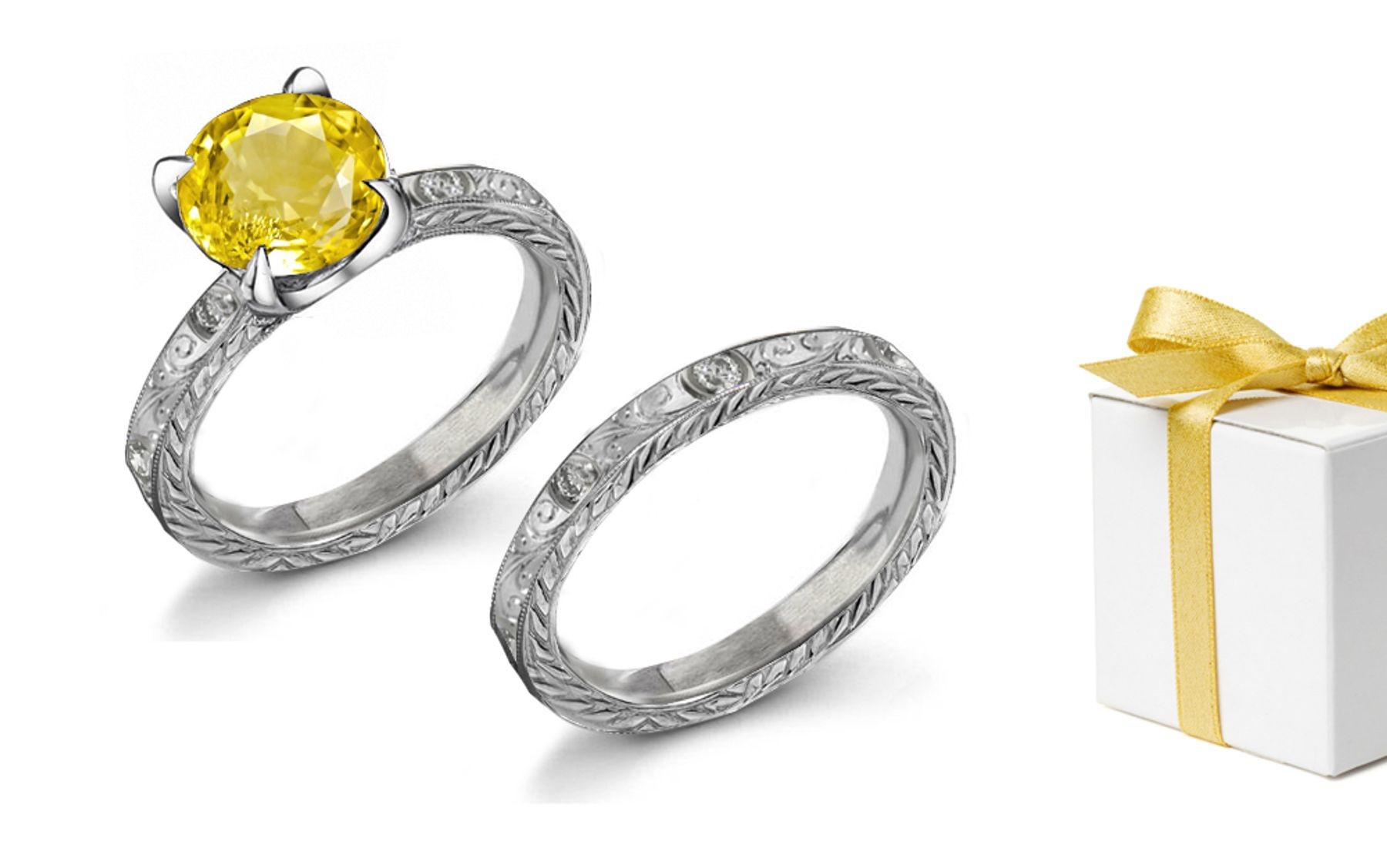 Fine: Hand Engraved Yellow Sapphire & Diamond Ring