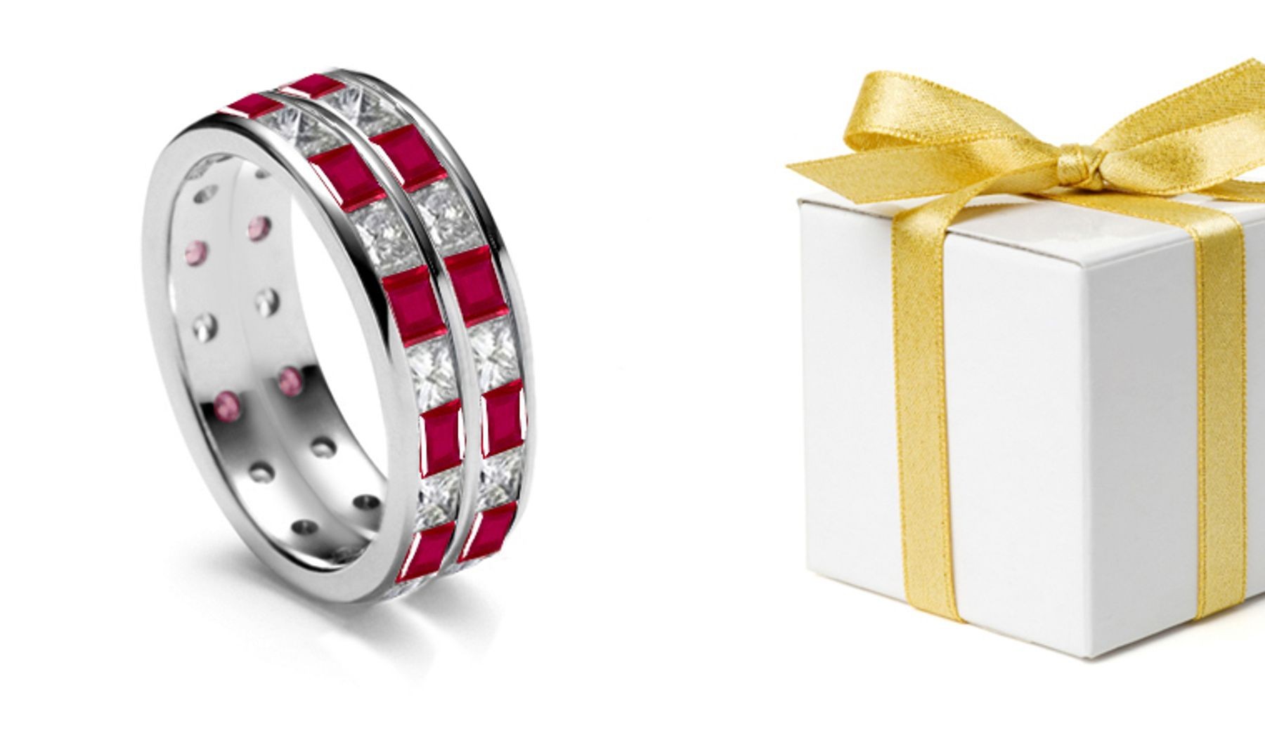 Glowing: Princess Cut Diamond & Ruby Double Gold Eternity Band