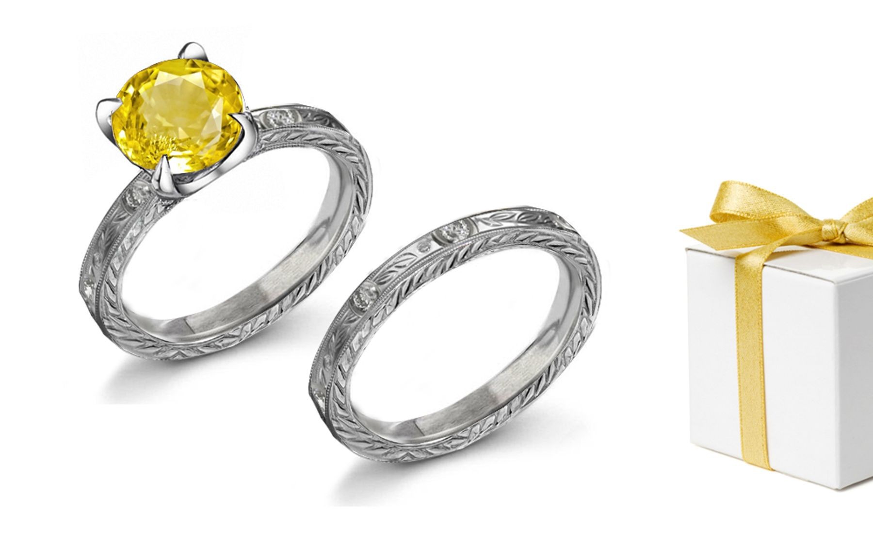 Magestic: Engraved Yellow Sapphire & Diamond Ring