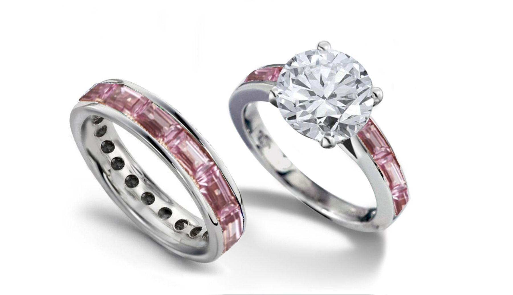 Round Diamond & Baguette Pink Sapphire Engagement Ring Wedding Band in Gold
