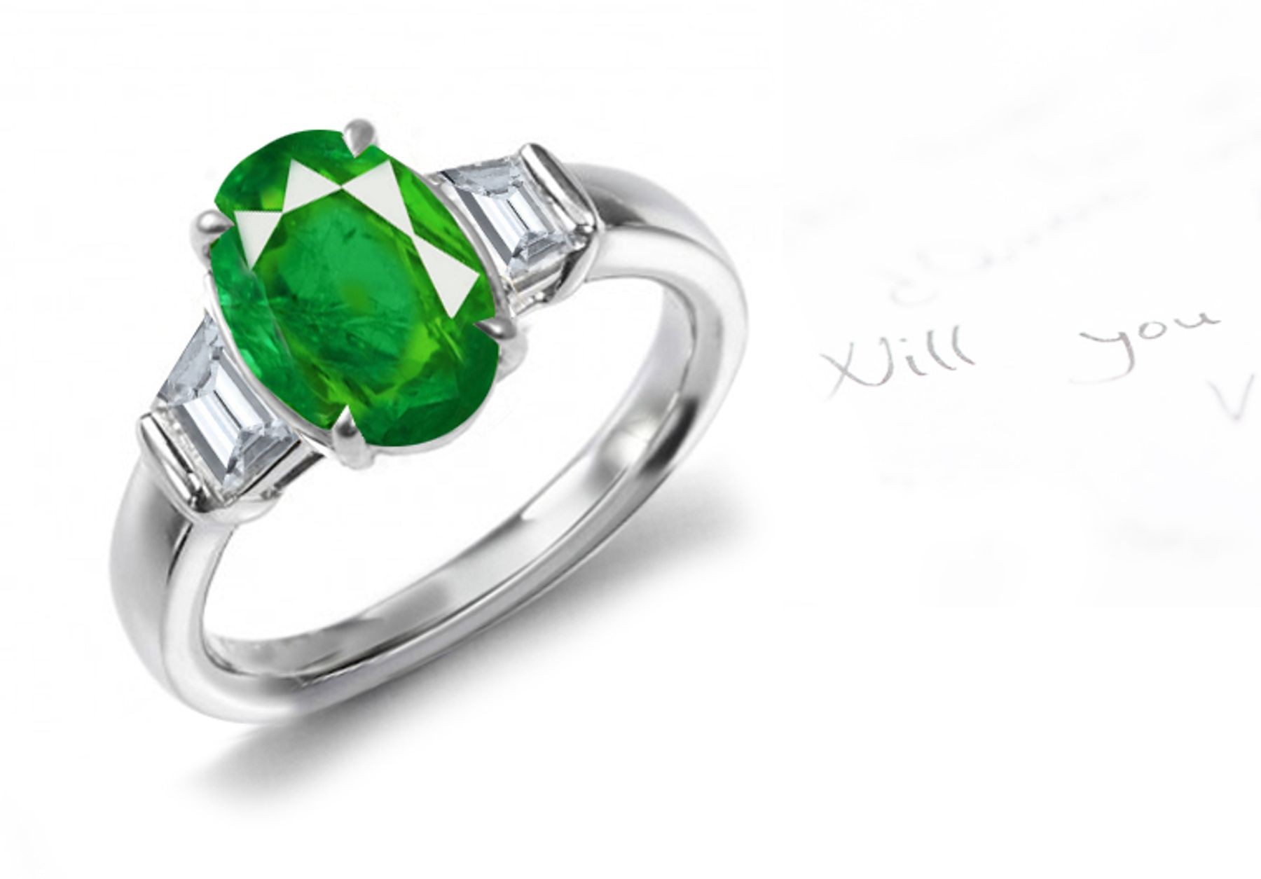Among The Celebrated EmeraldsGold 3 Stone Luminous Oval Genuine Emerald & Brilliant White Shield Cut Diamond Ring