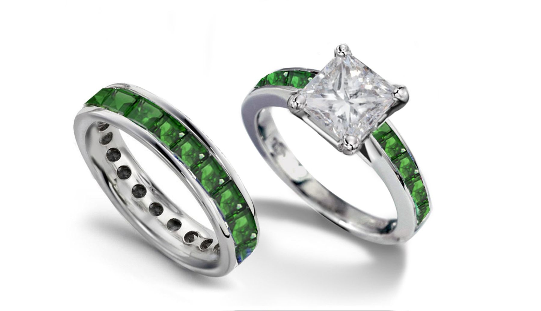 Princess Cut Diamond atop Square Green Emerald Ring & with Emerald Eternity Band