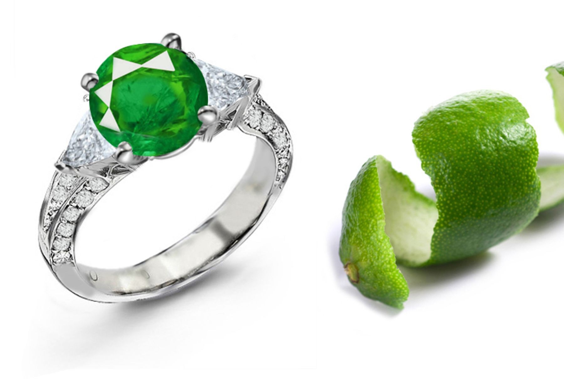 Three-stone Diamond Rings: 14k Gold & 3 Stone Matched Side Trillion Diamonds & Round Emeralds for Ladies
