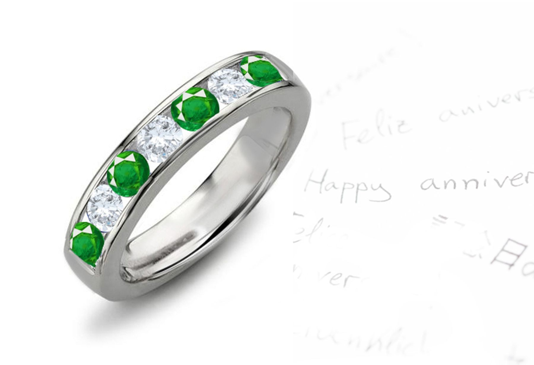 Elegant & Refined: 7 Stone Emerald & Diamond Anniversary Gold Band