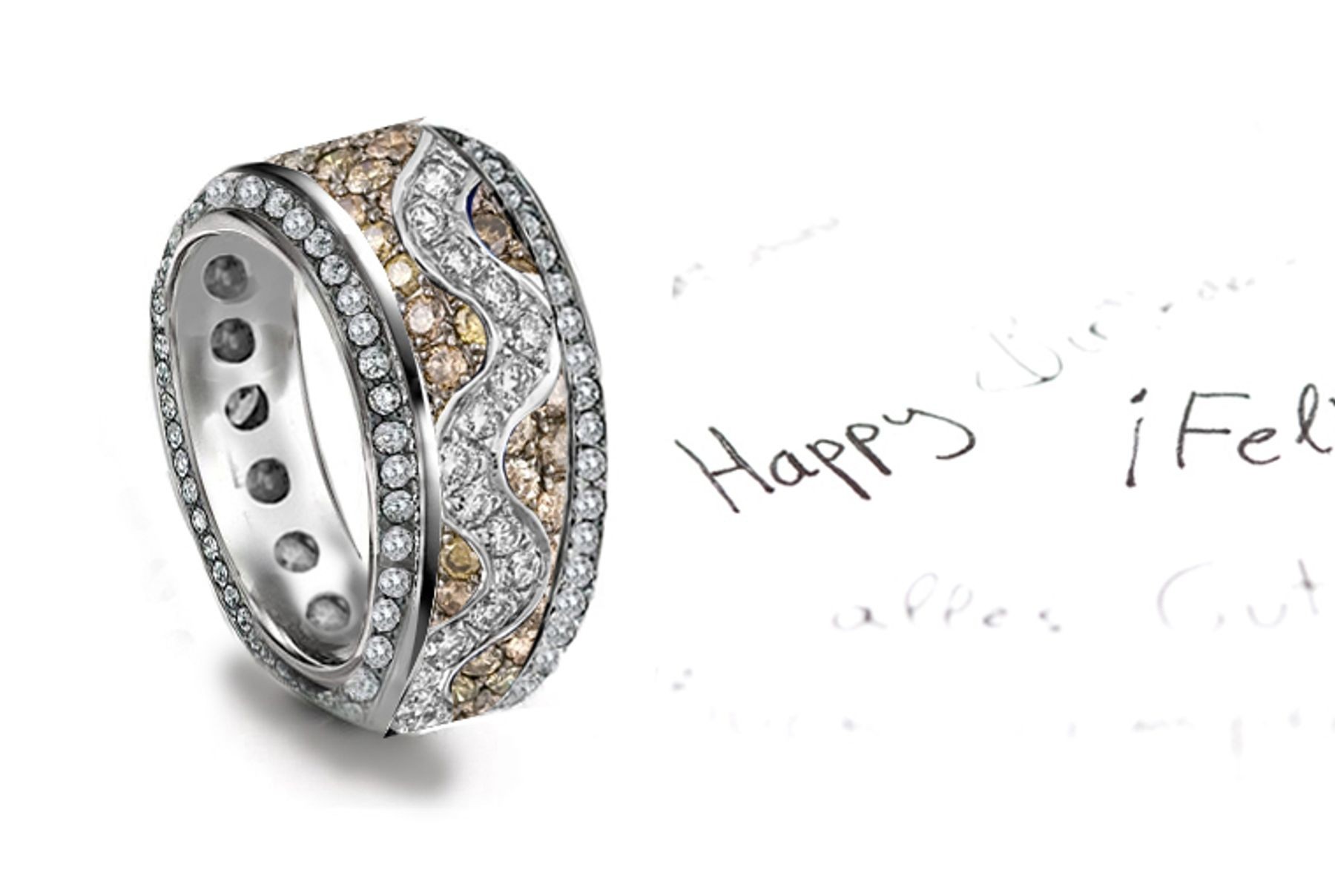 Eternity Arrangement: 6 mm Wide Micropavee Crusted Brown Diamonds & White Diamond Wave & Vertical Diamond Decorated Sides