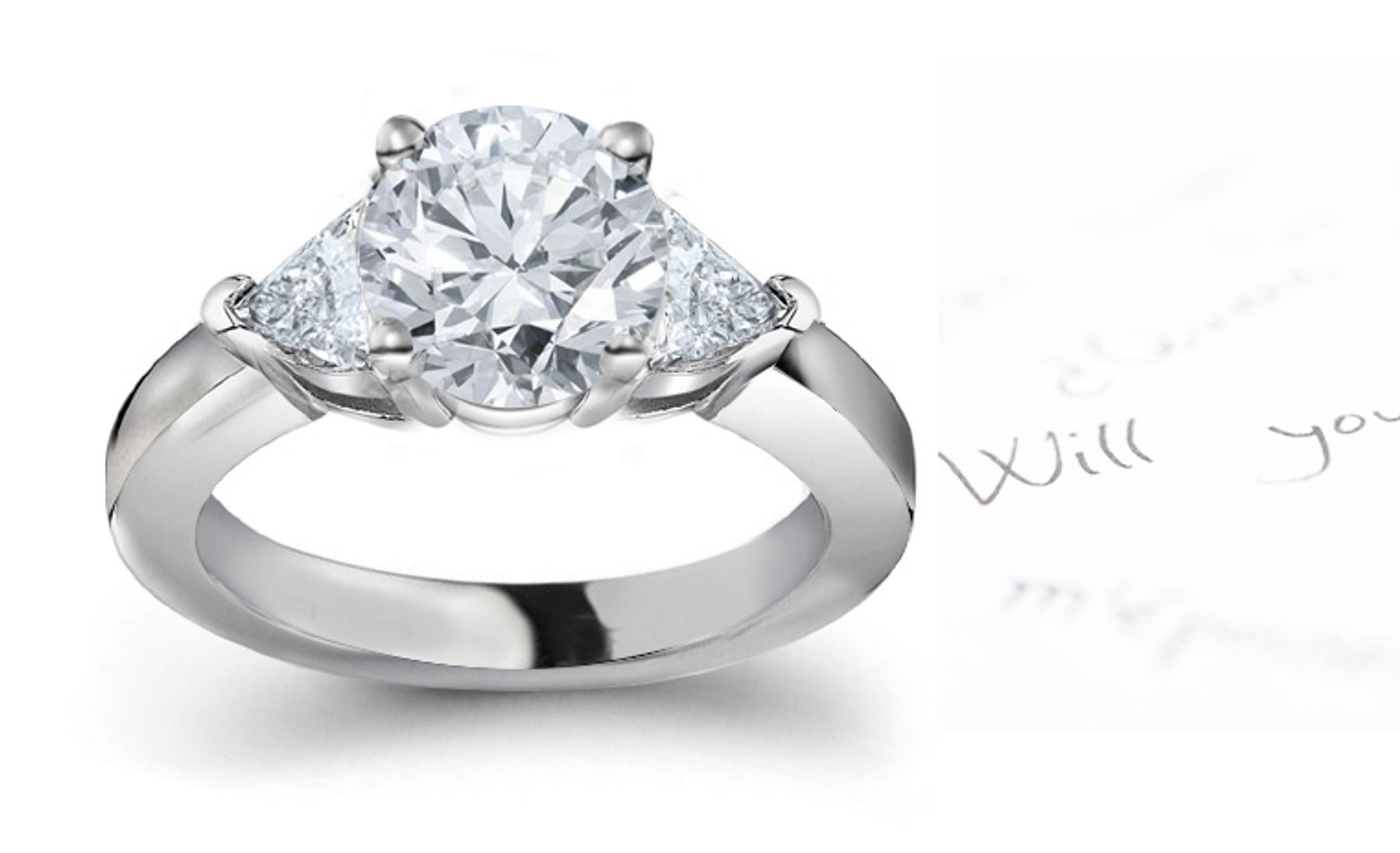 3 Stone Round & Trillion Diamond Ring in 14k White Gold & Platinum Size 3 to 8