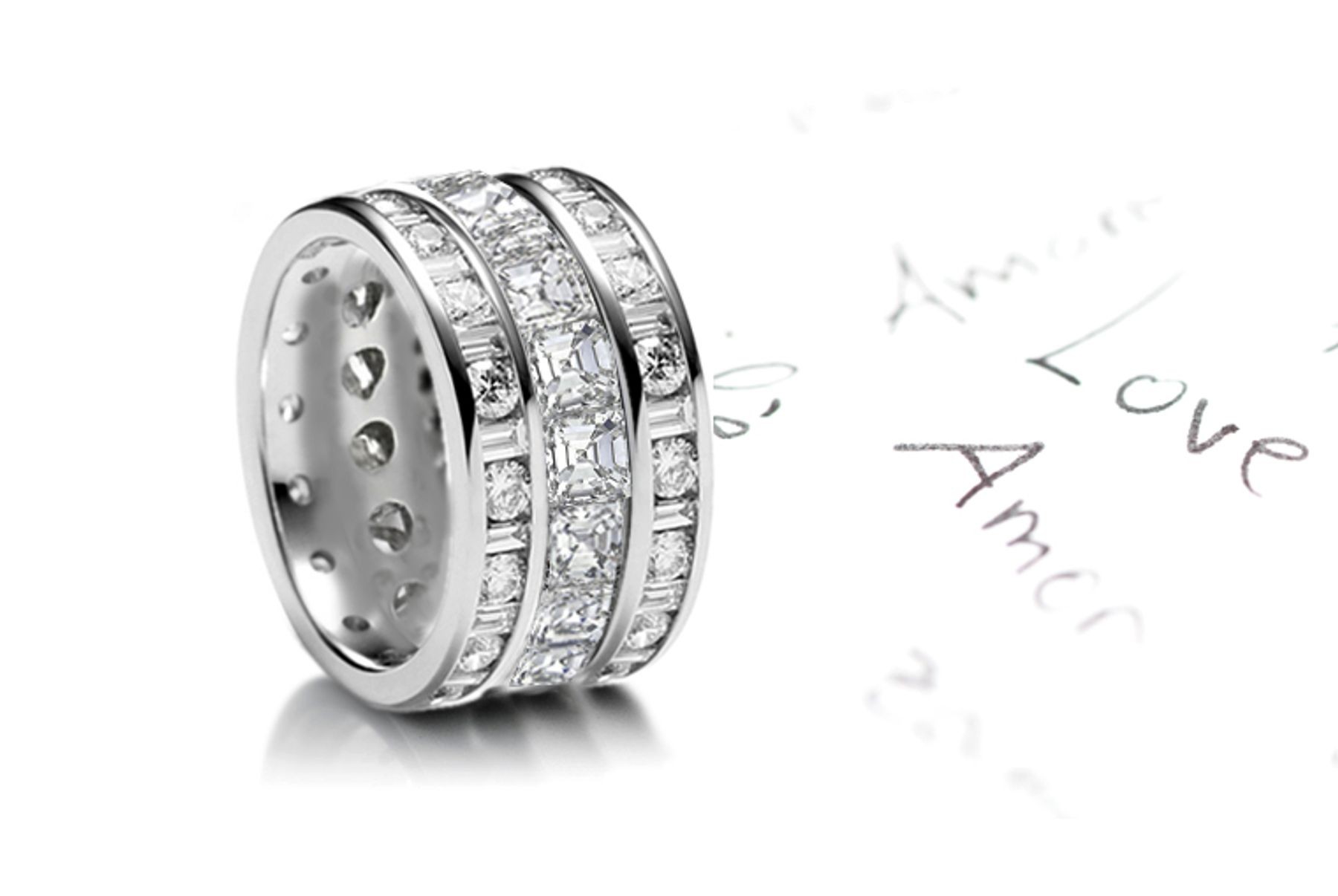 Three Rows of Sparkling Diamond Wedding Bands in Platinum & 14k Gold