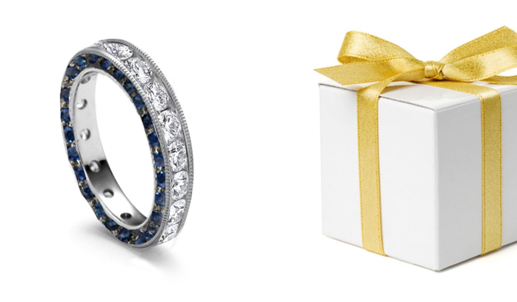 Channel Set Round Diamond & Sapphire Halo Sprinkled Gold Ring