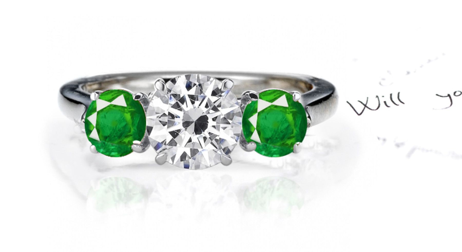 Specially Designed: New! Gorgeous True Emerald & Diamond Three-Stone Ring in 14k White Gold & Platinum