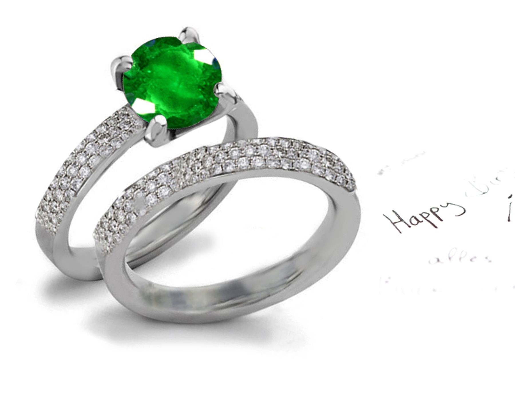 The Bishop's Rings: Fine Gemstone French Pave' Emerald & Diamond Ring in 14k White Gold & Matching Necklaces, Pendants