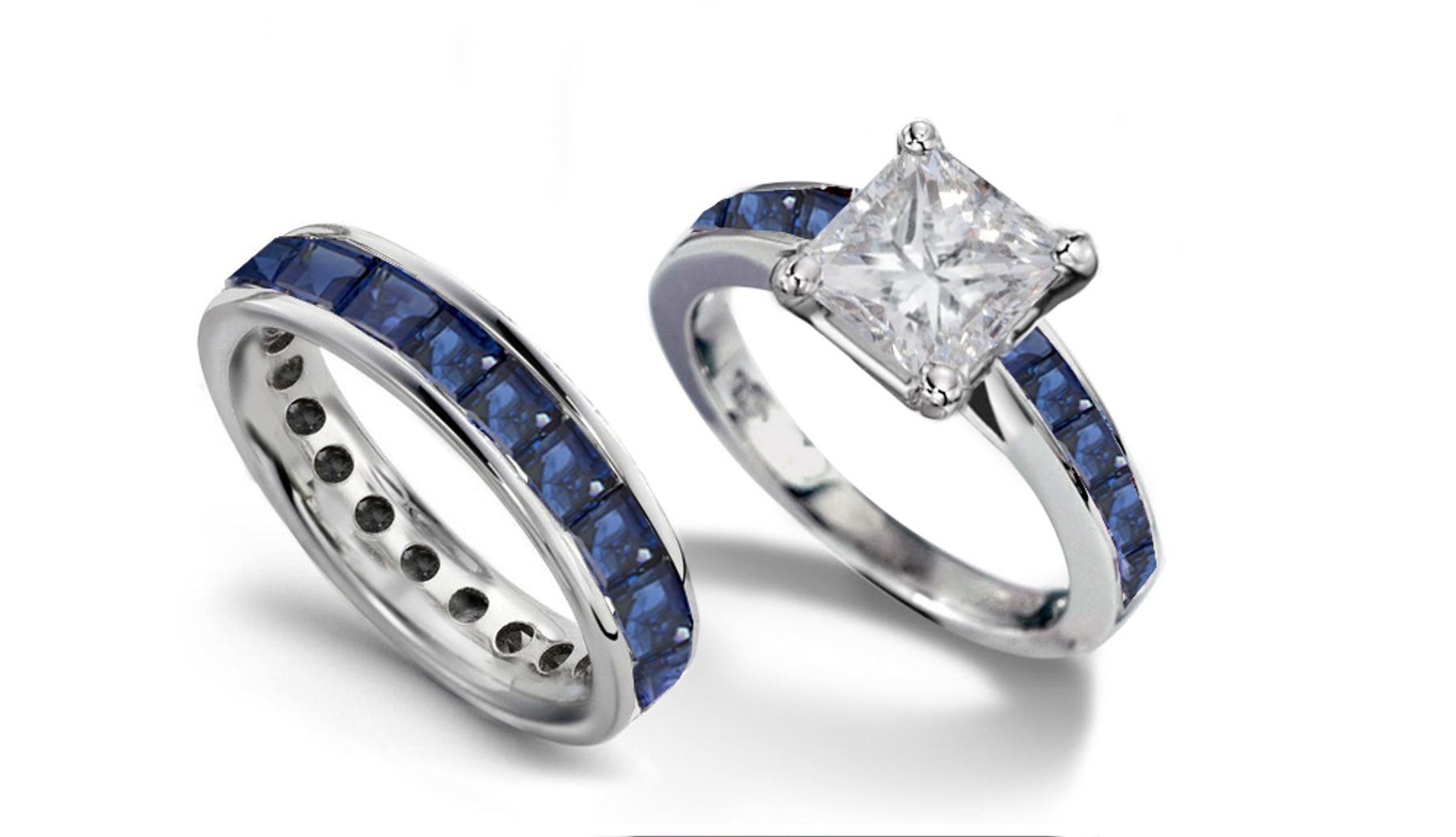 Princess Cut Diamond & Blue Sapphire Engagement Ring & Matching Platinum Band