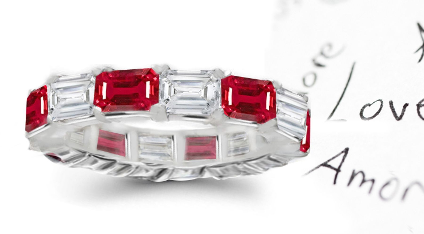 Splendid: Glowing Emerald Cut Ruby & Diamond Eternity Ring