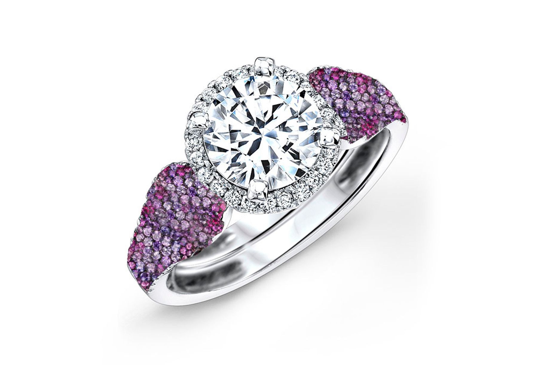 Made To Order Rings Featuring Delicate French Halo Pave Diamonds & Purple Pink Sapphires