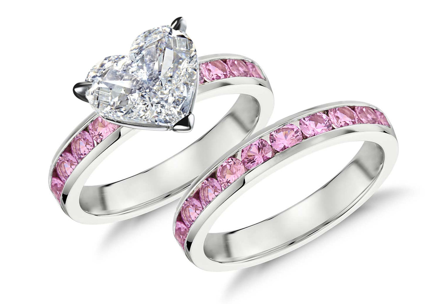 Handcrafted Pink Sapphire & Diamond Engagement Ring & Wedding Anniversary Band Bridal Set