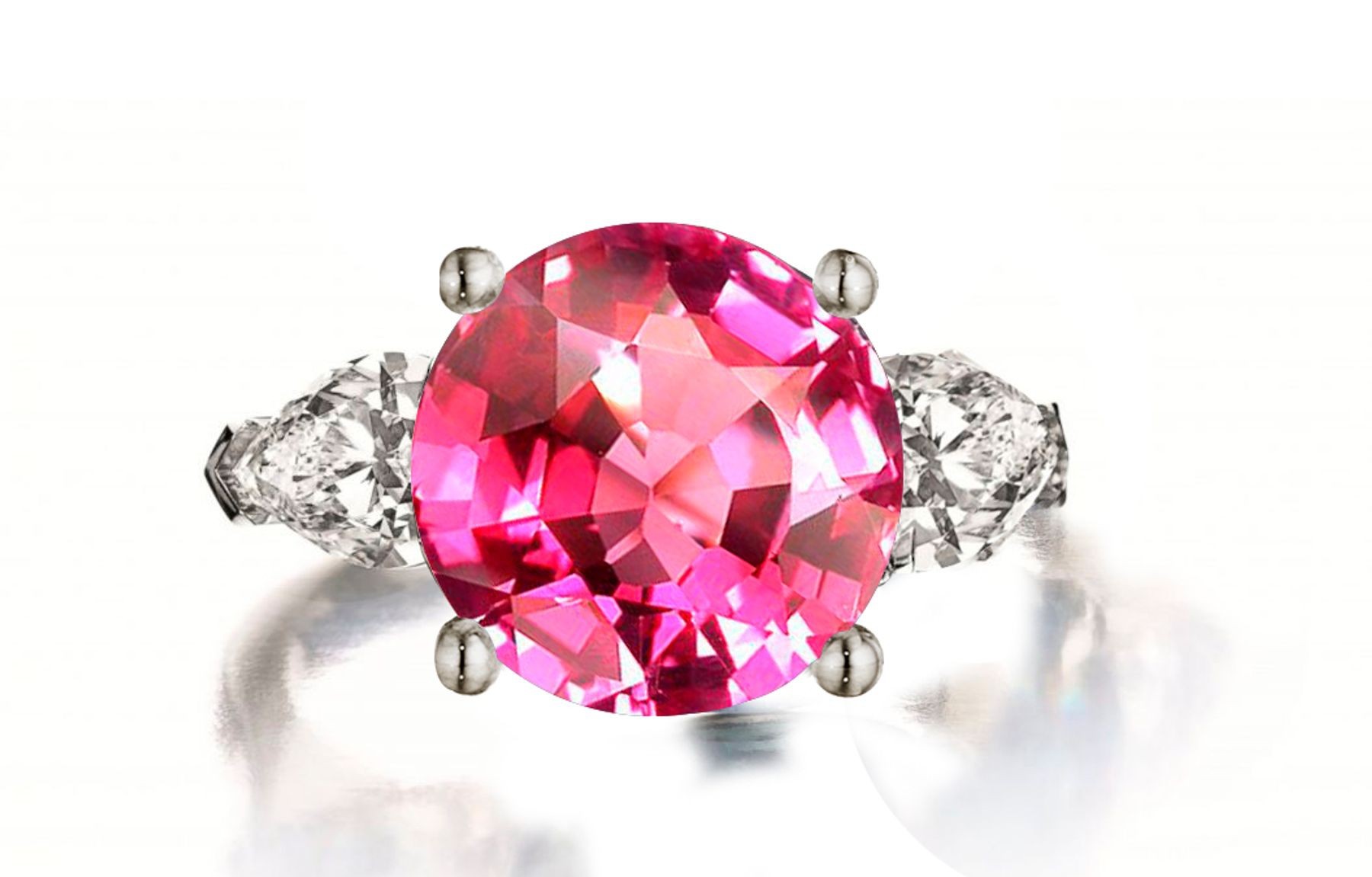 Custom Manufactured Three Stone Pear-Shaped Diamonds & Round Pink Sapphire Ring