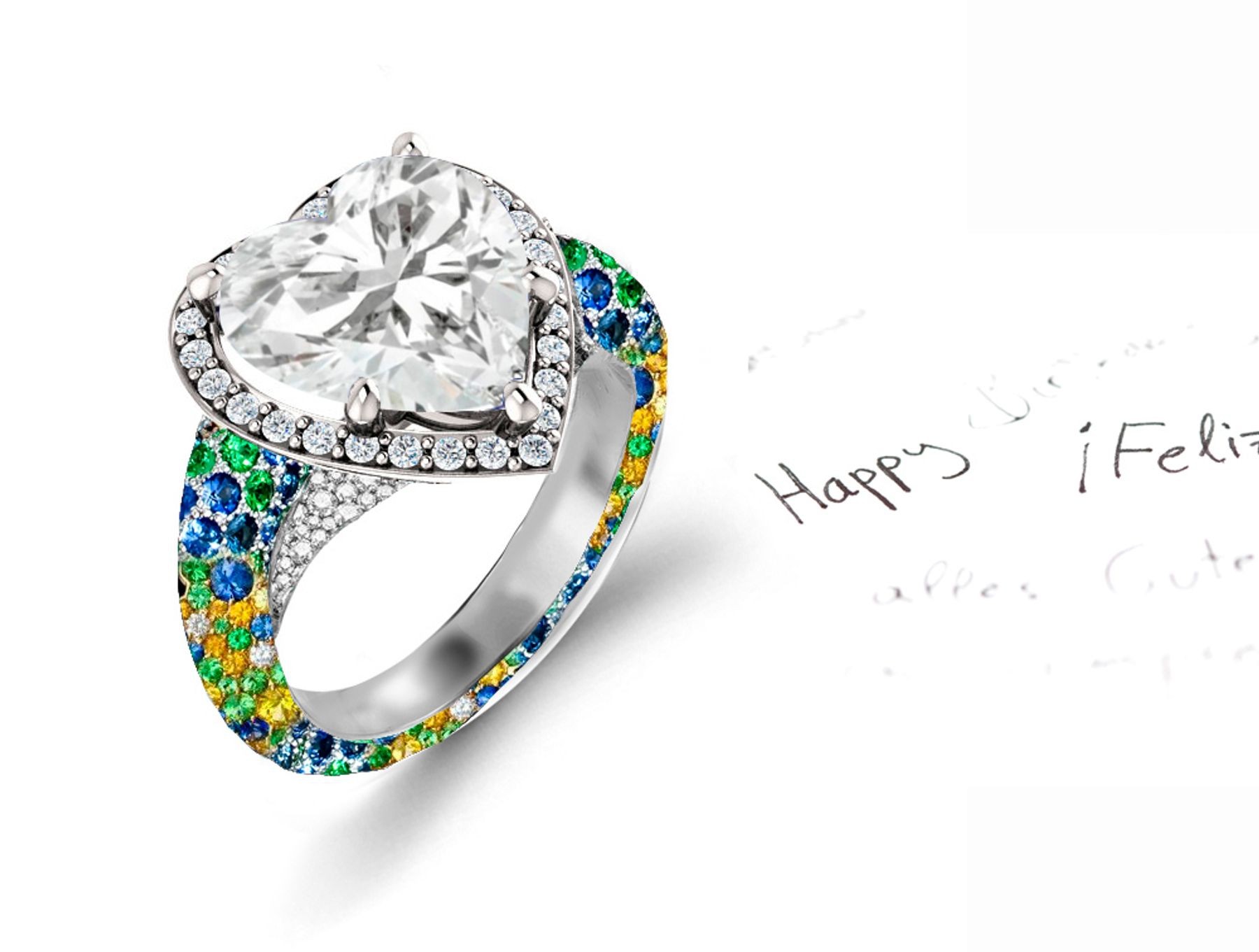 Made to Order Precision Set Pave Halo Brilliant Round & Heart Diamonds & Multi Colored Sapphire Rings