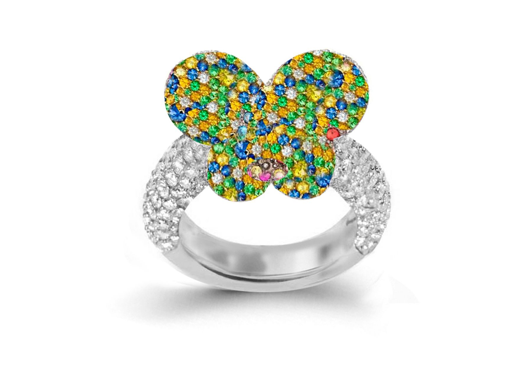 Delicate French Micro Pave Butterfly Rings Collection Featuring Vibrant Rainbow Colored Sapphires & Diamonds