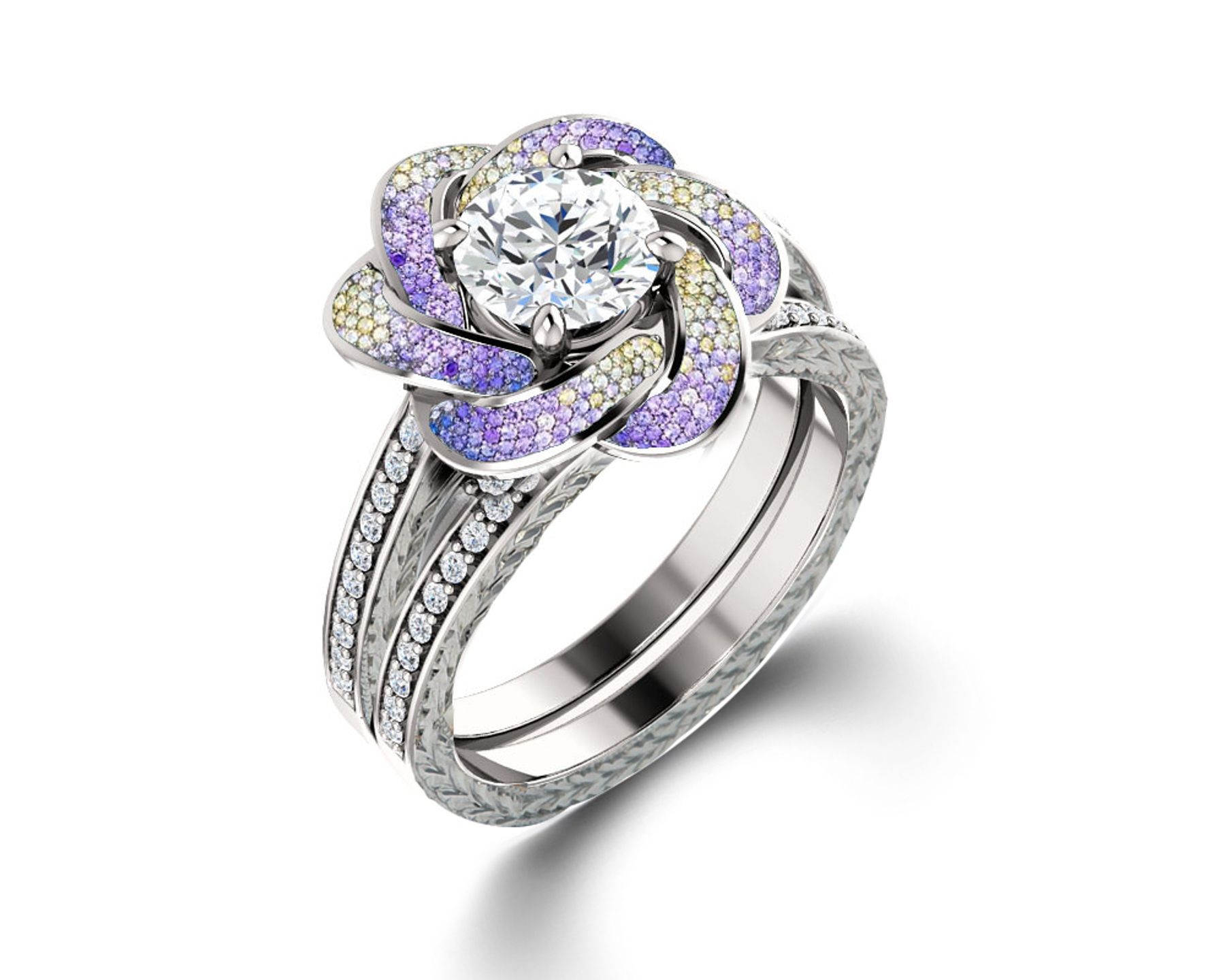 Delicate Micro Pave Halo Vivid Flower Rainbow Sapphires & Brilliant-Cut Round Diamonds Designer Engagement Rings