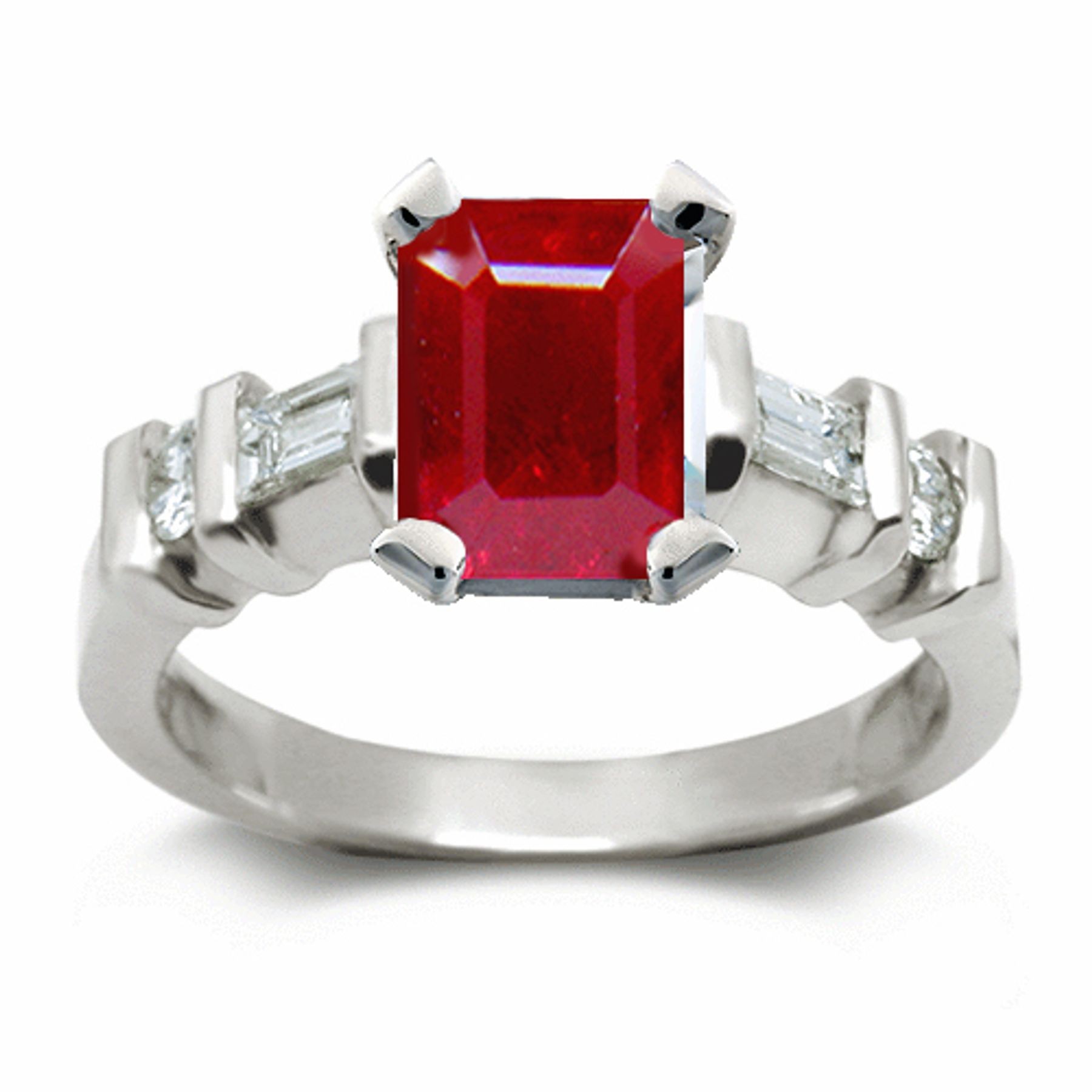 Ruby Rings: Ruby Center Octogon and Side Diamonds Ring in Platinum