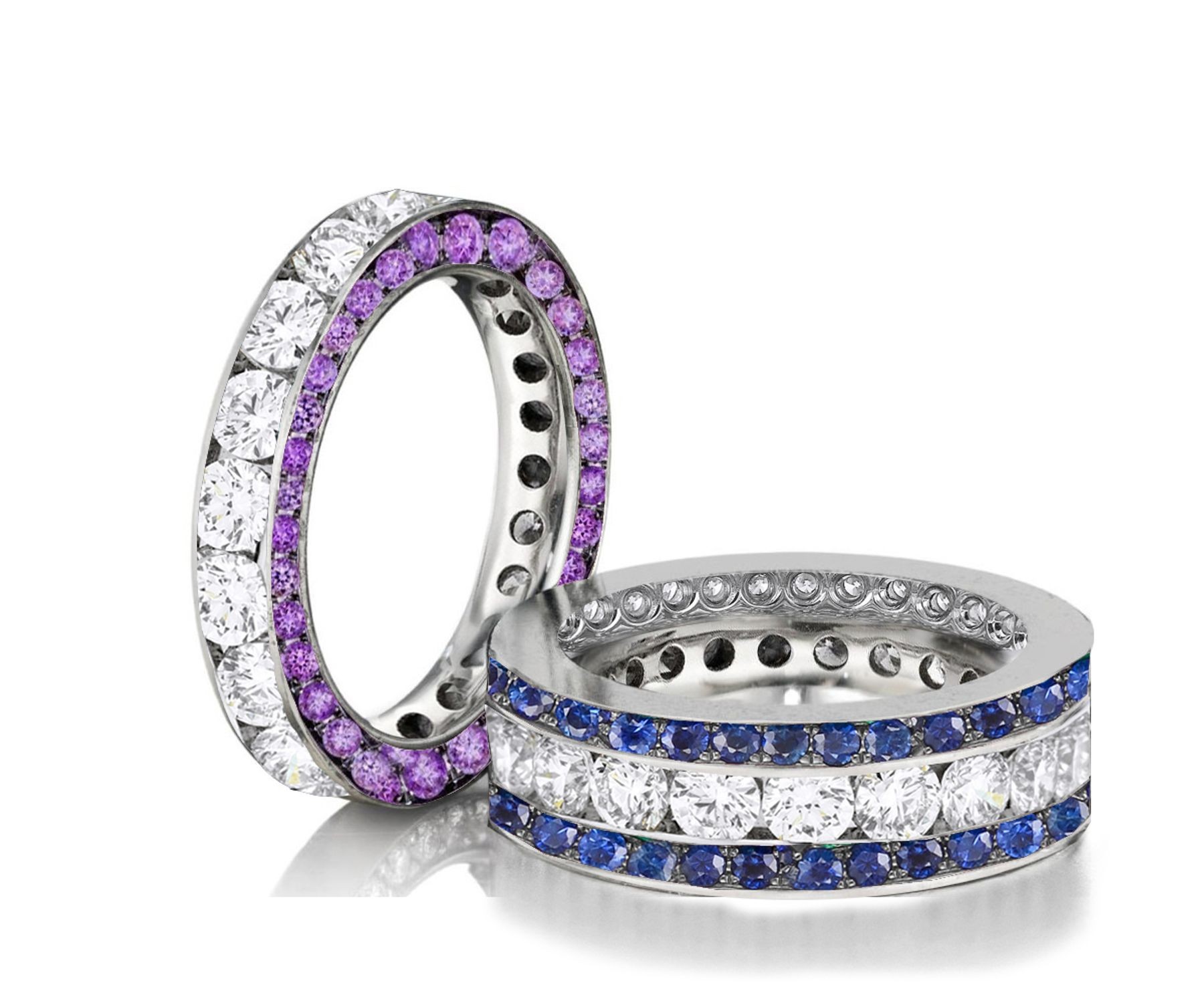 Made to Order Channel Set Brilliant Cut Round Diamonds, Purple & Blue Sapphires Set Eternity Rings & Stackable Bands