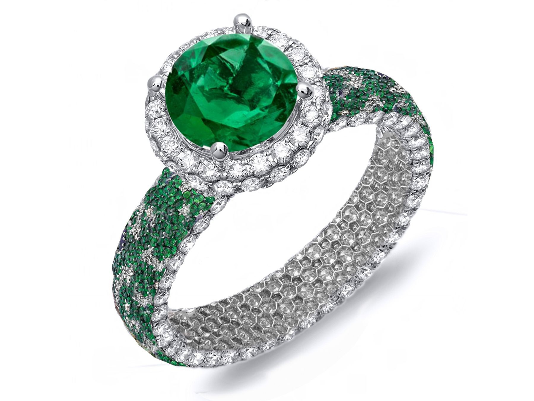 Made To Order Rings With French Pave Halo Brilliant Cut Round Diamonds & Emeralds