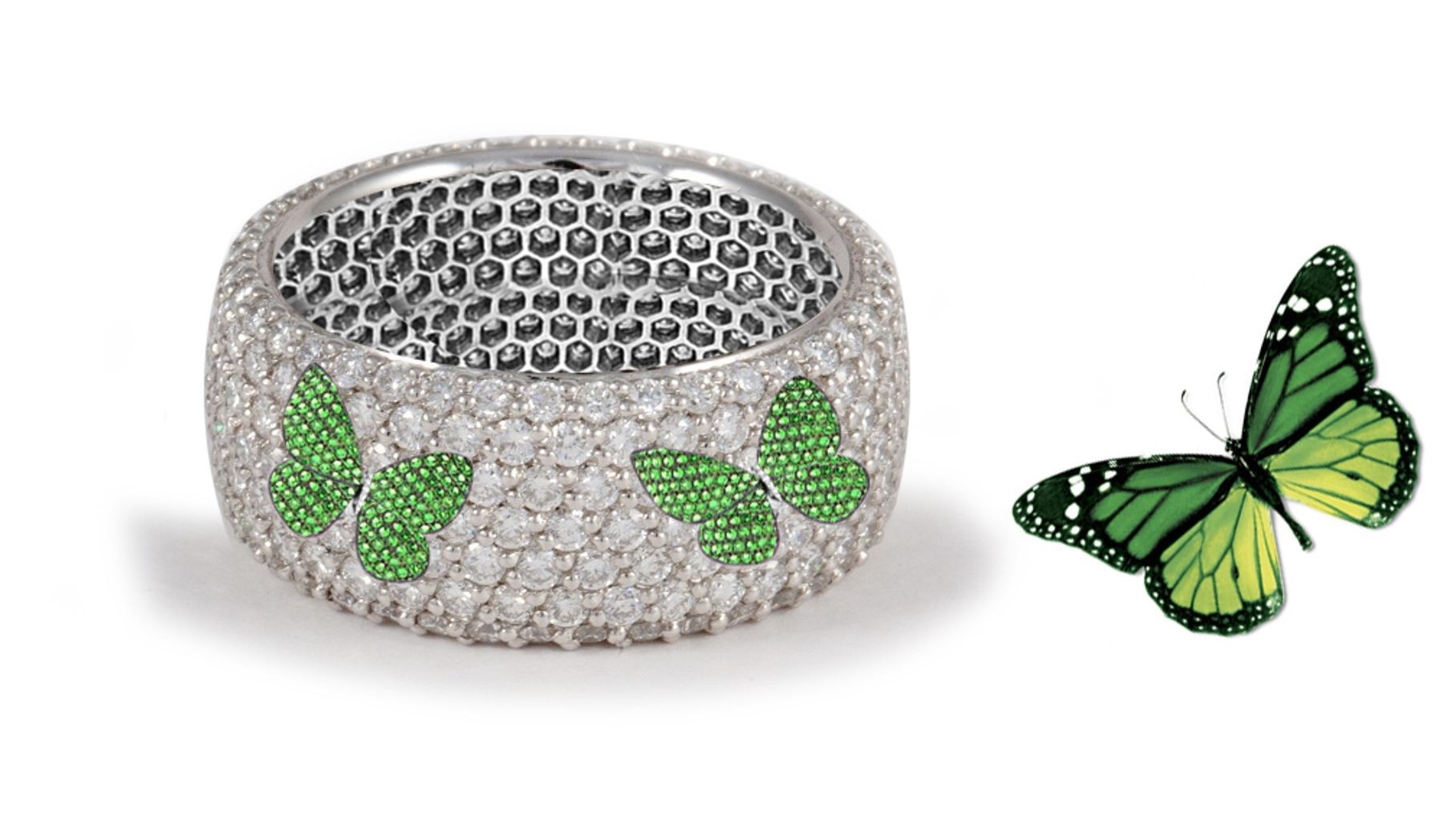 Latest Collection: Delicate Halo Micropave Butterfly Green Emeralds & Diamond Eternity Rings