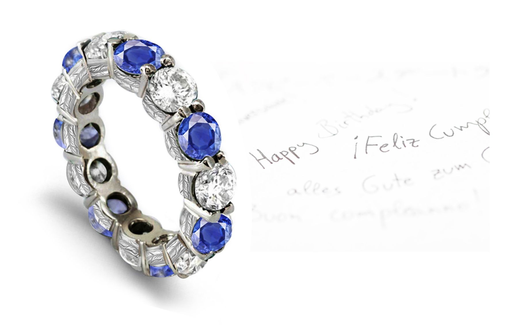 Scrolls & Motifs Decorated Sapphire & Diamond Gold Anniversary Band