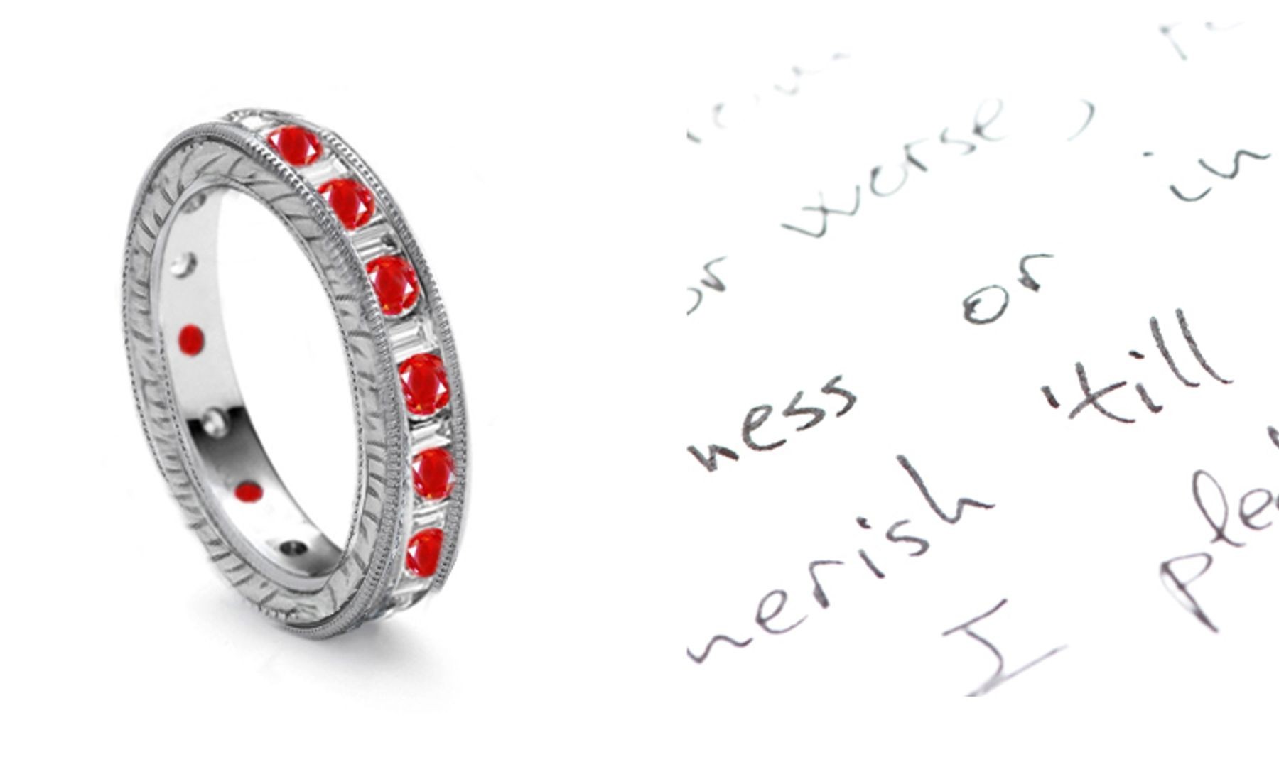 New Begining: Baguette Diamond & Well Cut Round Ruby Eternity Ring with Engraved Sides