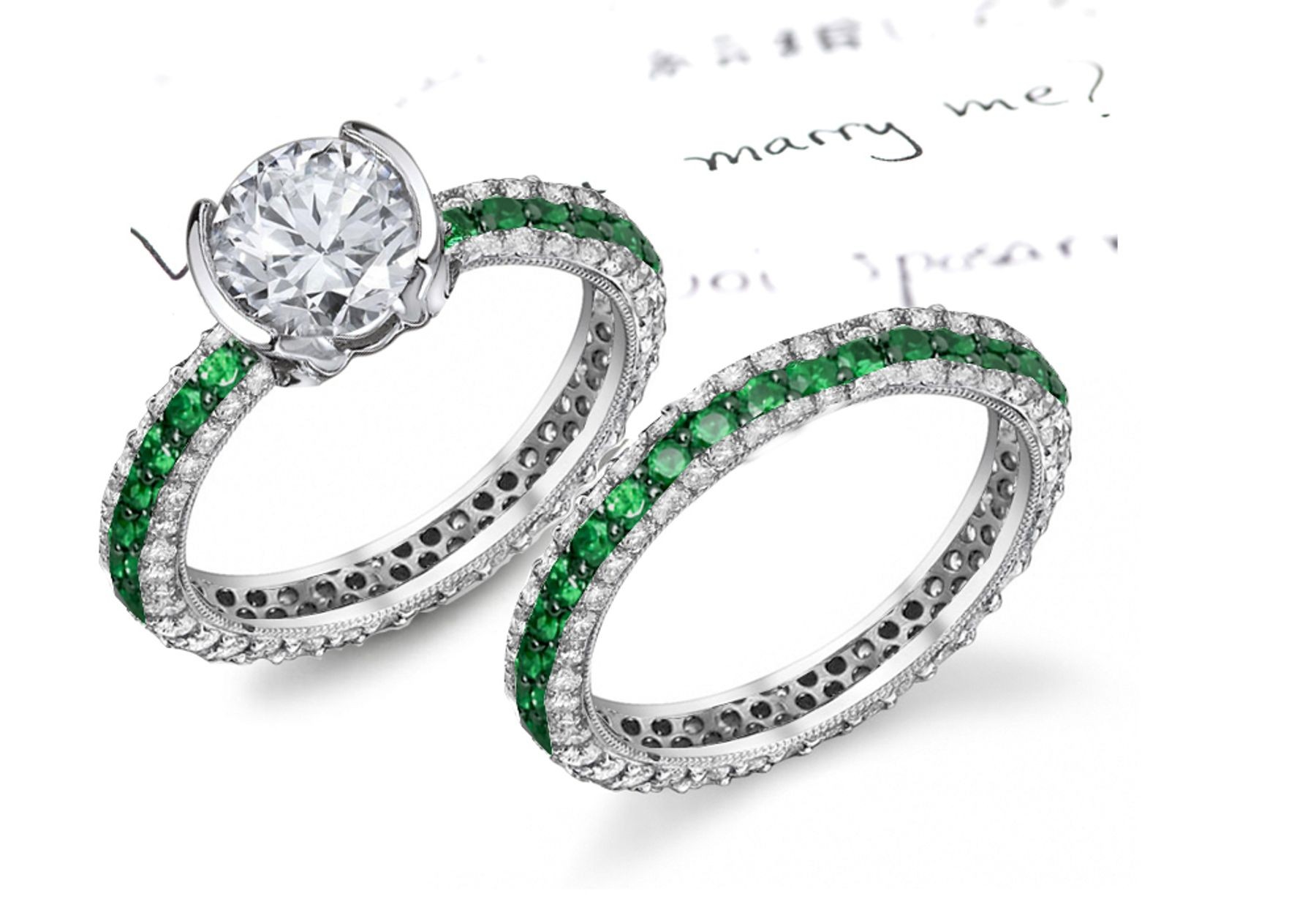 Bordered By Diamonds: French Art Deco Pave' Diamond Ring With Emerald in 14k White Gold