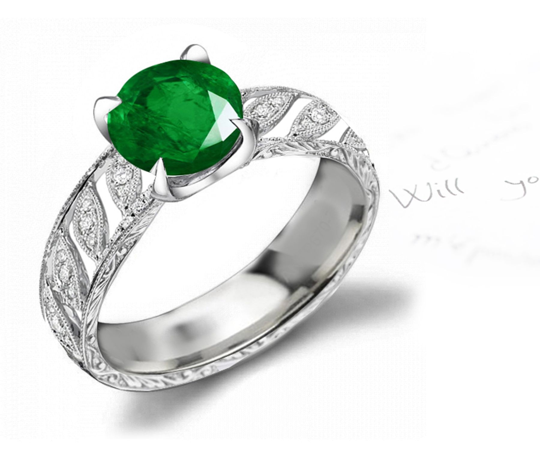 Genuine: A Finely Crafted Jade Green Emerald & Diamond Micropave Navette Cloissons Repousse Openwork Ring