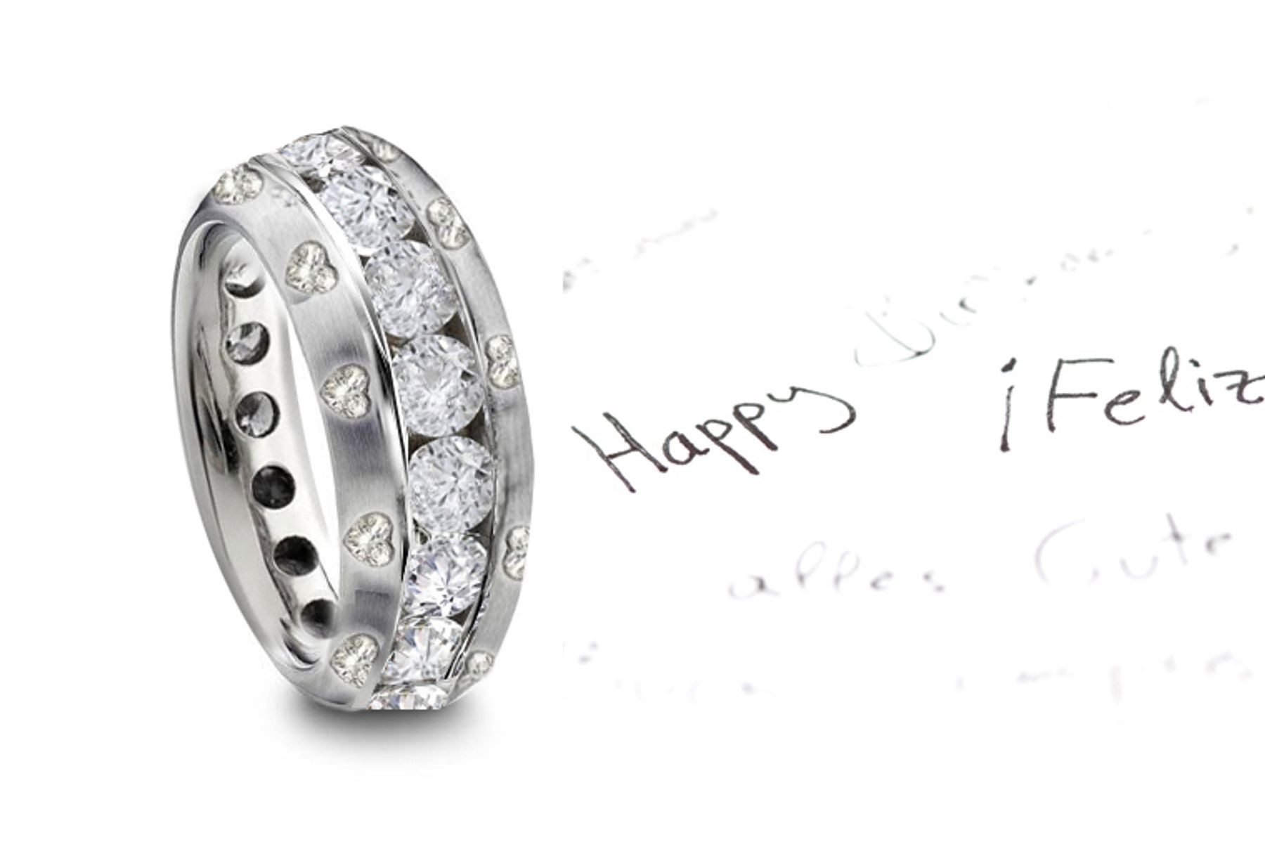 Style, Form & Grace:Platinum Diamond Eternity Band Adorned with Designs, Aanthus Leaf & Rocaille Engaved Motifs