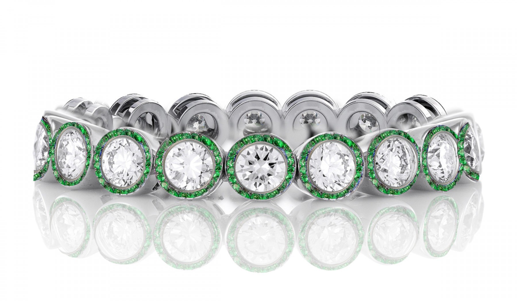 High Quality French pavee Halo Lush Green Emeralds & Brilliant-Cut Round Diamond Latest Style Eternity Rings & Bands