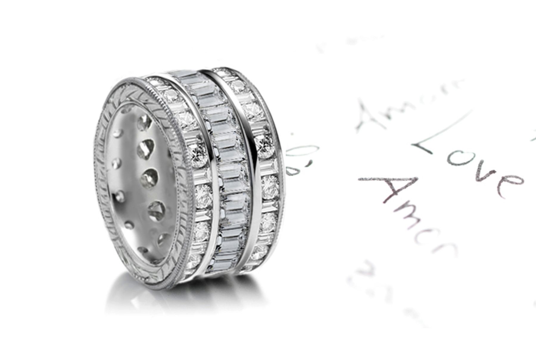 Custom Designed Sparkler of Baguette Diamonds set end-to-end bordered by row of mixed diamonds & Engraved Sides in Gold