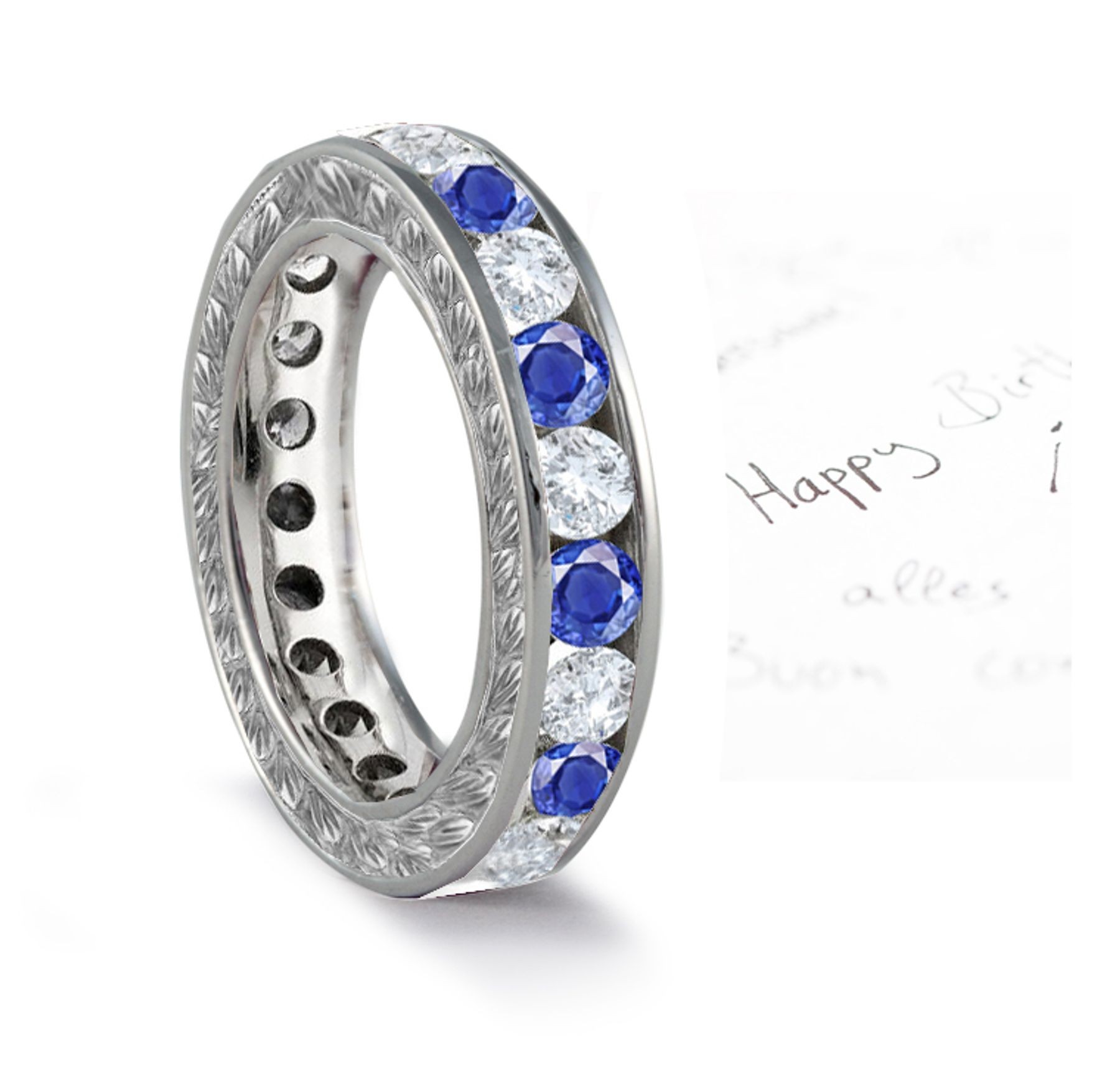 Blue Sapphire & Diamond Wedding Foliate Scrolls & Motifs Gold Band