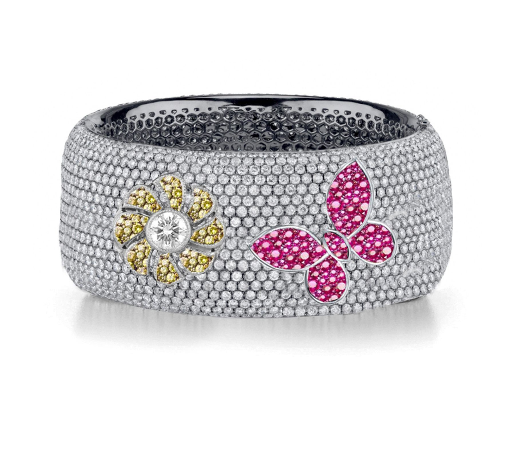 Delicate French pavee Sparkling Brilliant-Cut Round Diamonds & Vivid Multi-Colored Precious Stones Eternity Rings & Bands Featuring Vintage Flowers & Butterflies