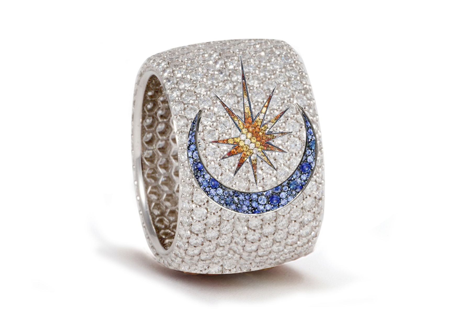 Delicate French pavee Sparkling Brilliant-Cut Round Diamonds & Vivid Multi-Colored Precious Stones Eternity Rings & Bands Featuring Celestial Moon & Stars